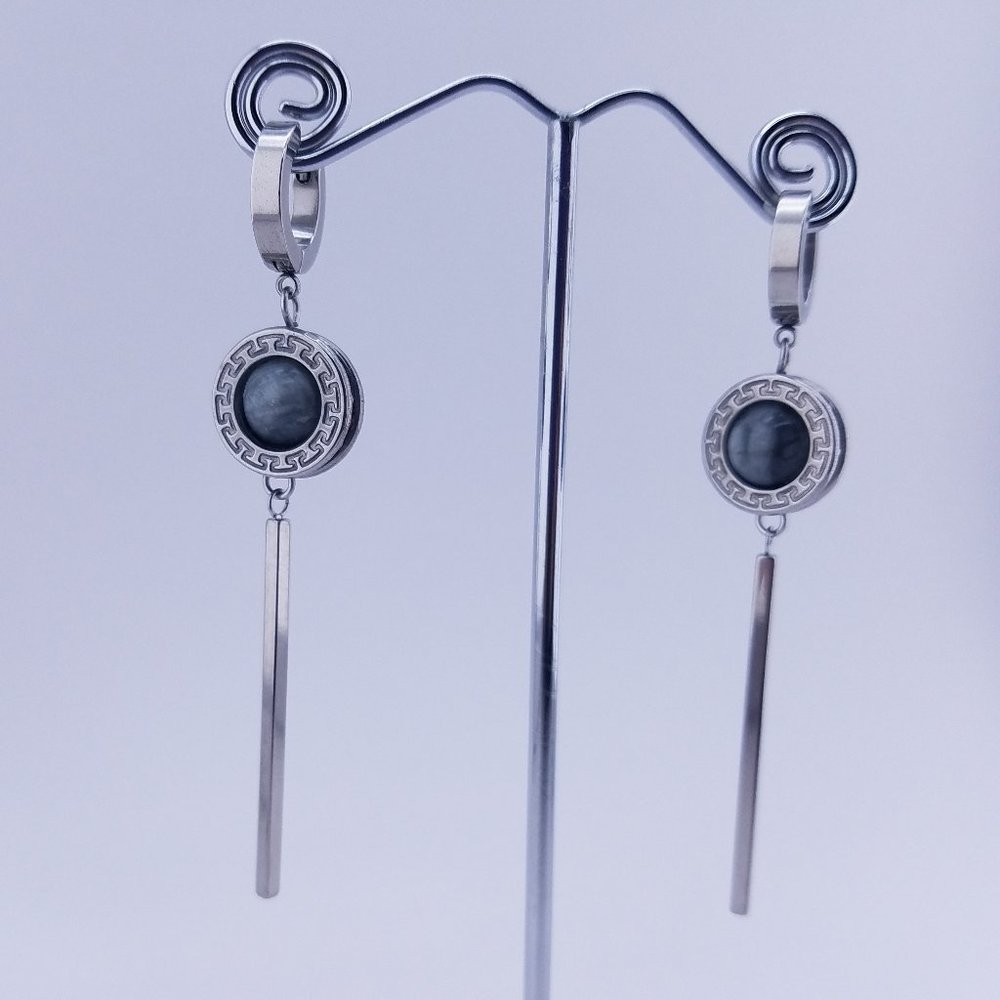 Long Dangle and Drop Earrings - Huggie Stainless Steel Earrings - Orb and Bar